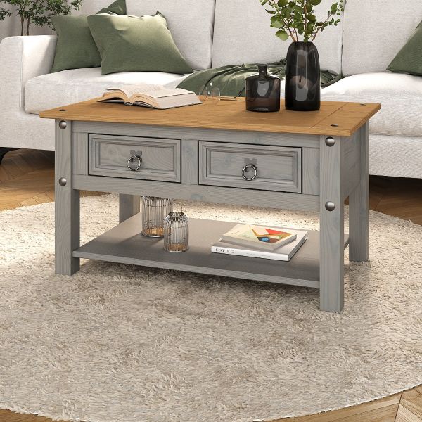 Corona Grey 2 Drawer Coffee Table, Mexican Solid Pine