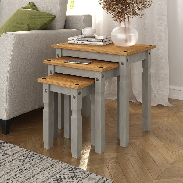 Corona Grey Nest of Tables, Mexican Solid Pine
