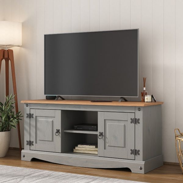 Corona Grey TV Stand 2 Door 1 Shelf Flat Screen Unit - Mexican Solid Pine