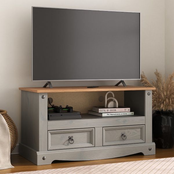 Corona Grey TV Stand 2 Drawer Flat Screen Television Unit - Mexican Solid Pine