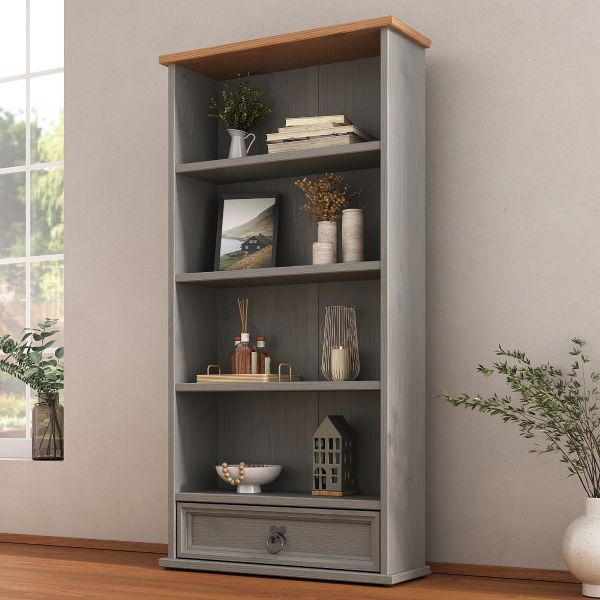 Corona Grey 1 Drawer DVD Bookcase Rack Storage Bookcase - Mexican Solid Pine