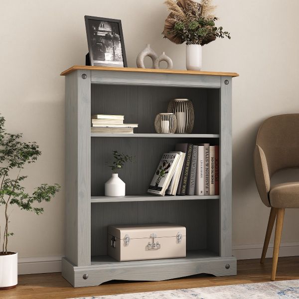 Corona Grey Small Low Bookcase - Mexican Solid Pine