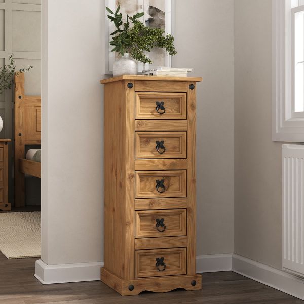 Corona 5 Drawer Narrow Tall Chest of Drawers - Mexican Solid Pine