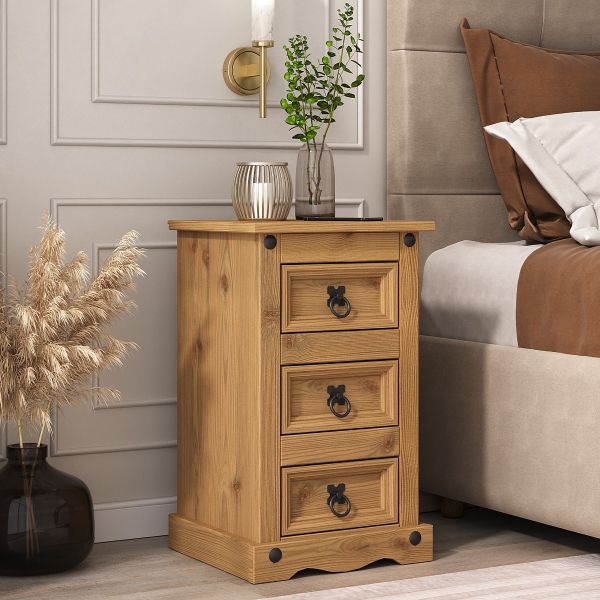 Corona 3 Drawer Bedside Table Chest of Drawers - Mexican Solid Pine